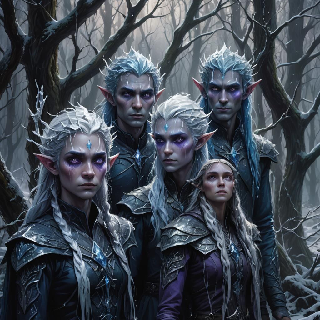 Elves with Crystallized Hair in Dark Forest