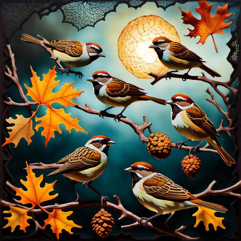 Surreal Collage of Felt Sparrows in Autumn