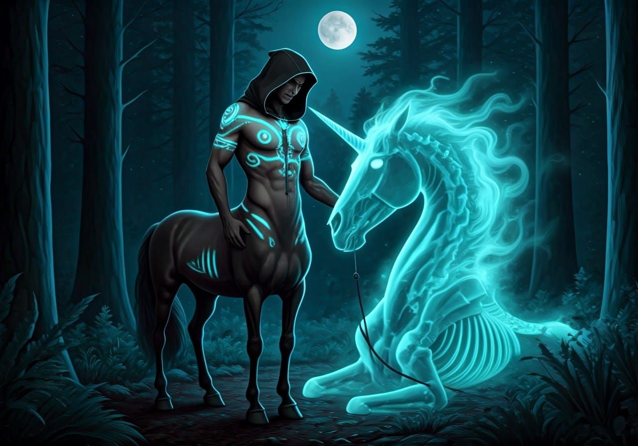 Cyan Centaur Petting Unicorn Spirit in Forest