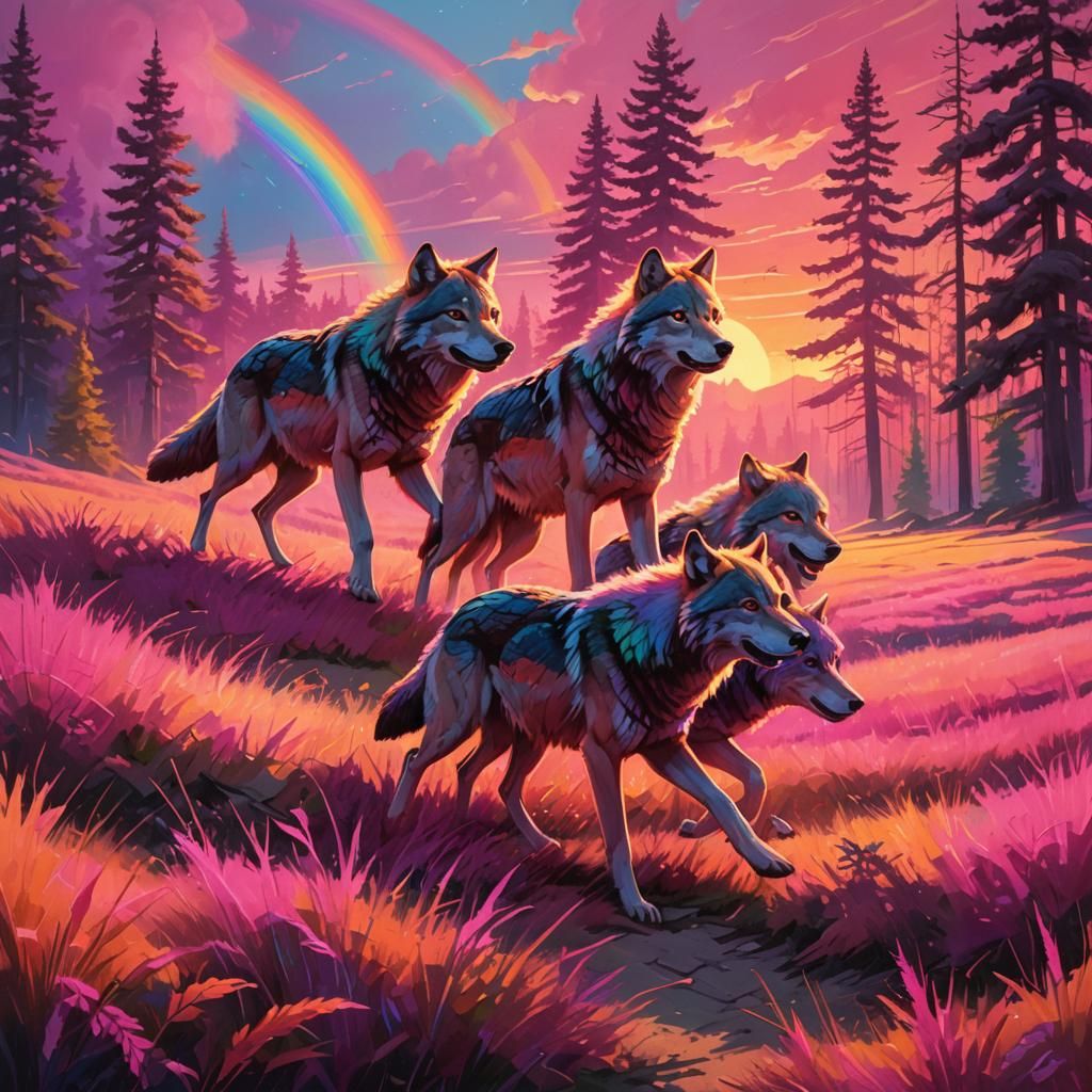 Rainbow Wolves Run Through Pink Sunset Landscape