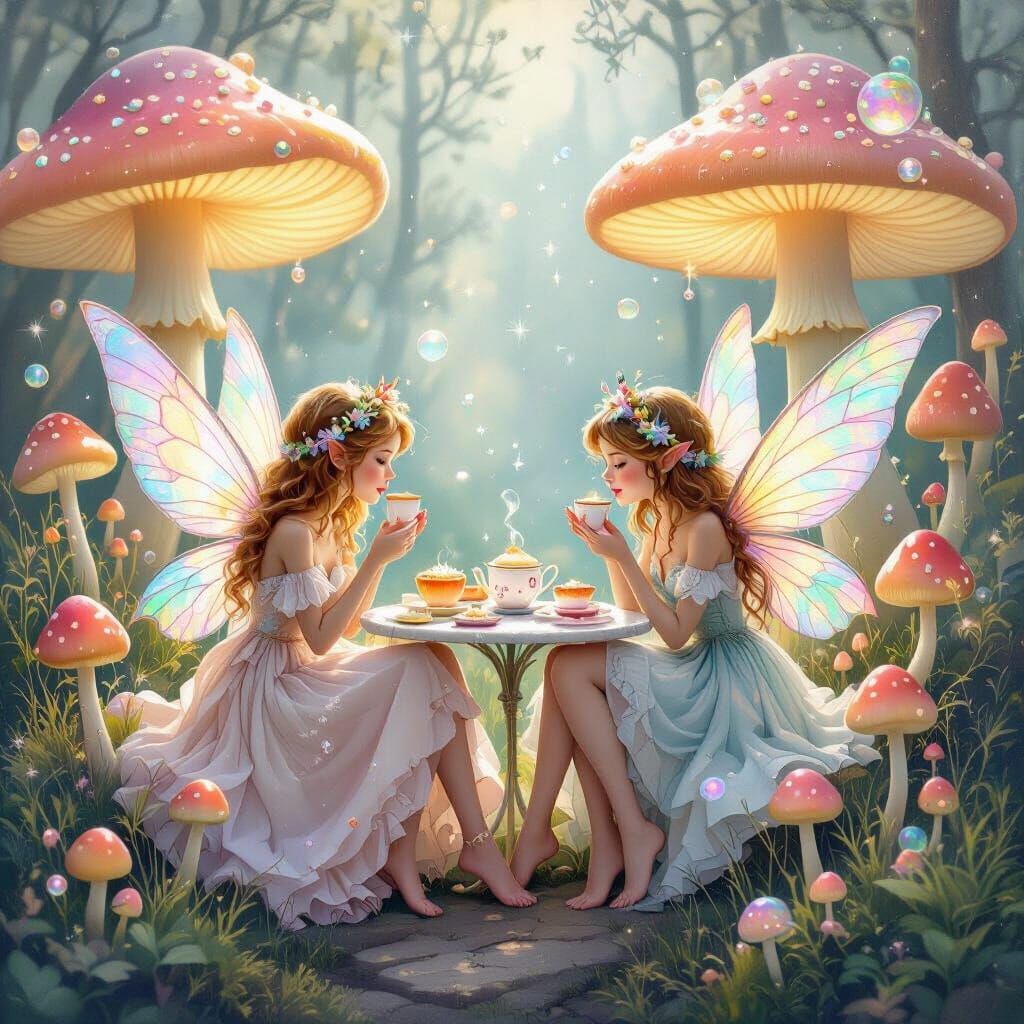 Fairy Tea Party Amidst Giant Glowing Mushrooms