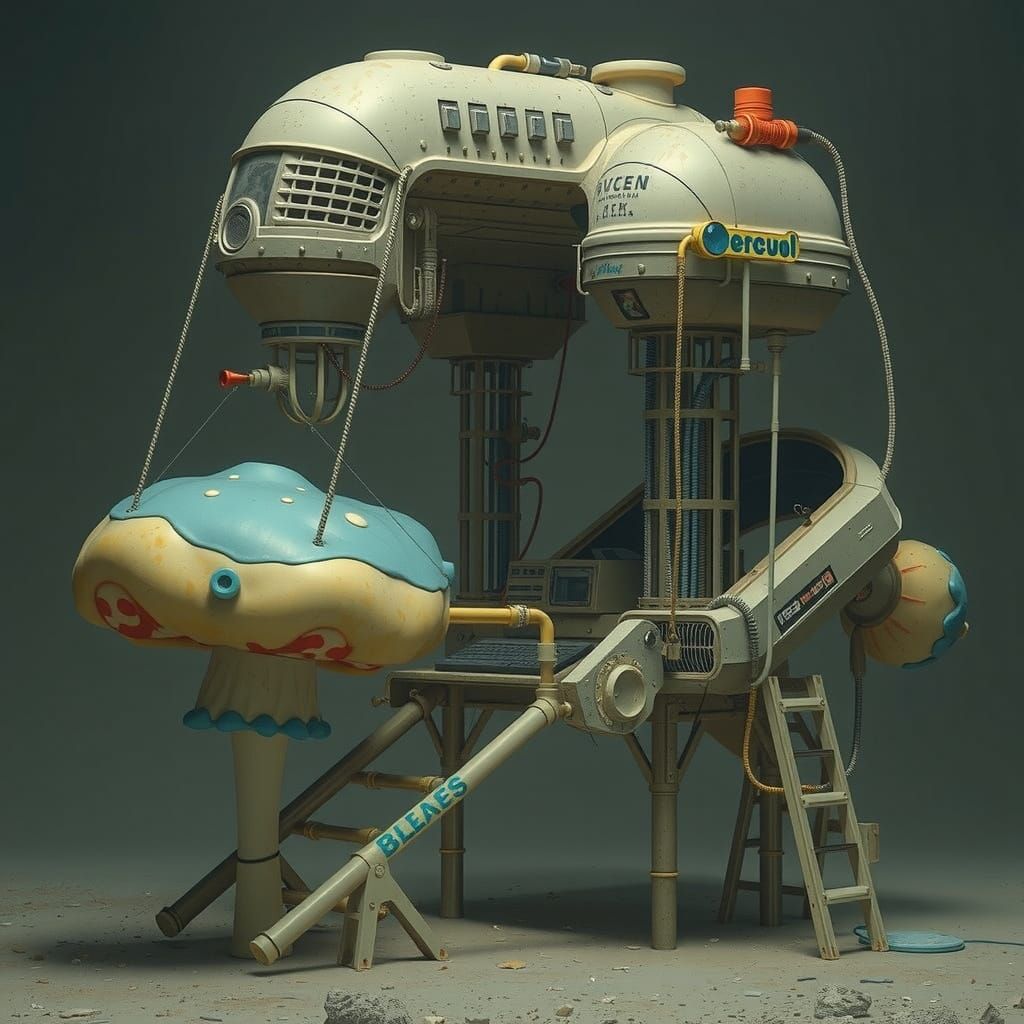 Surreal Chewing Gum House with Mushroom Flags