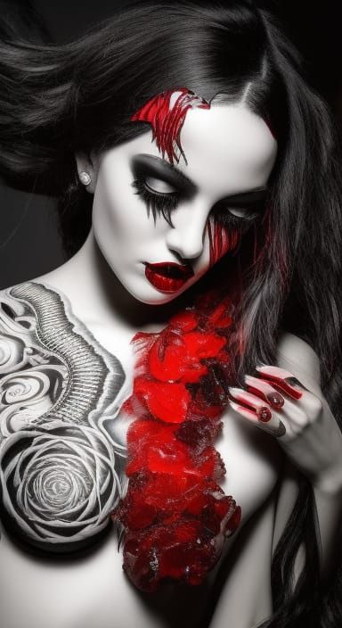 Monochrome Floral Blood Skull Leech Girl Portrait