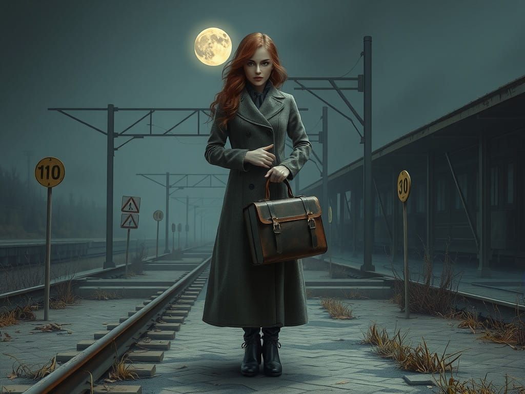 Woman in Desolate Train Station at Dusk
