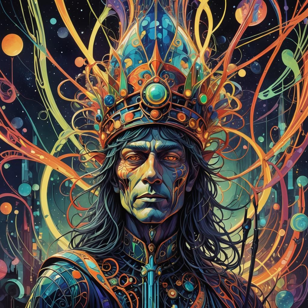 Psychedelic Jester with Aurora Lights, Surreal Art