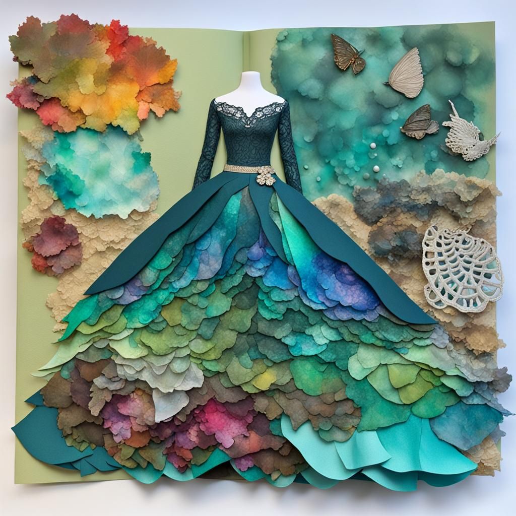 Paper Collage Ballgown, Long Sleeved Lace Bodice, Vivid Alco...