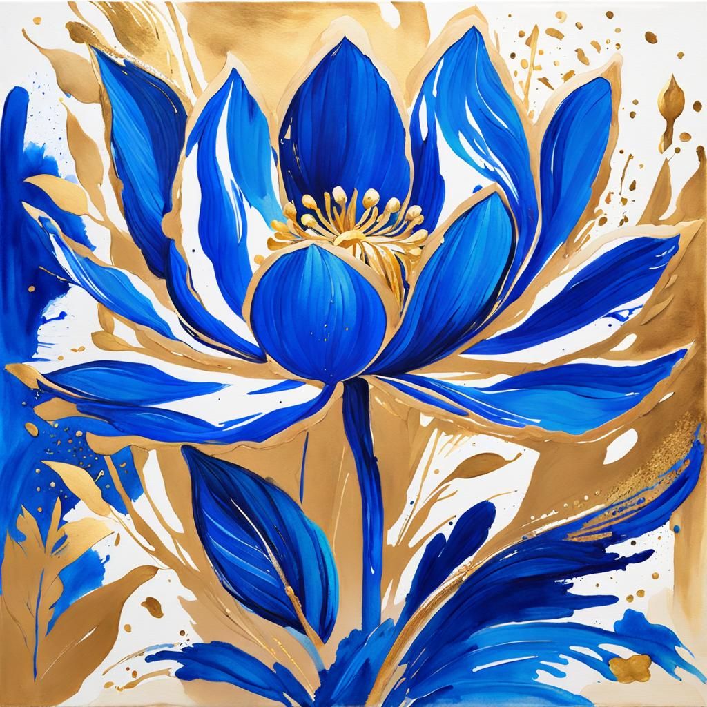 Abstract Royal Blue Flower with Gold Accents