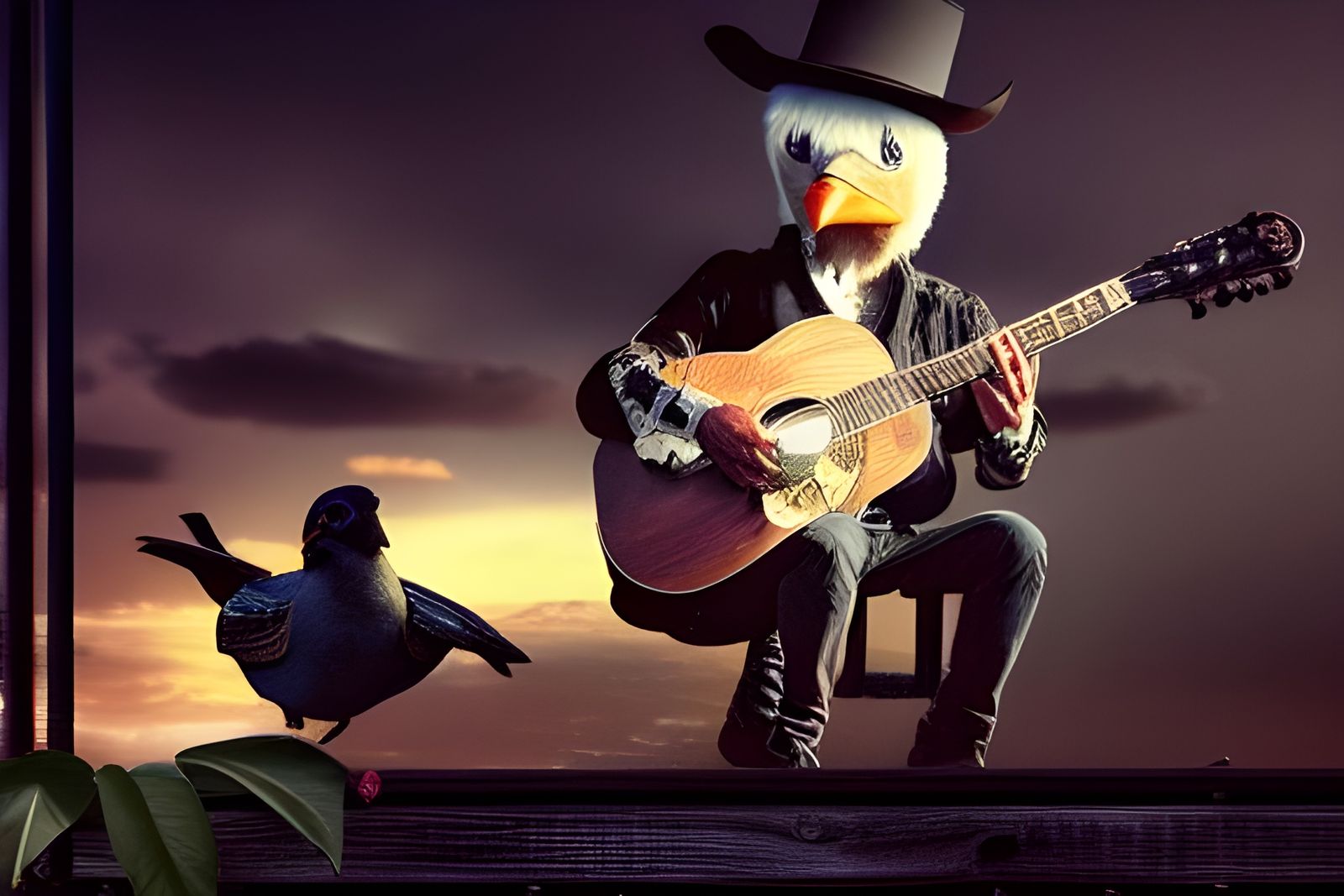Humanoid Bird Plays Guitar in Western Outfit