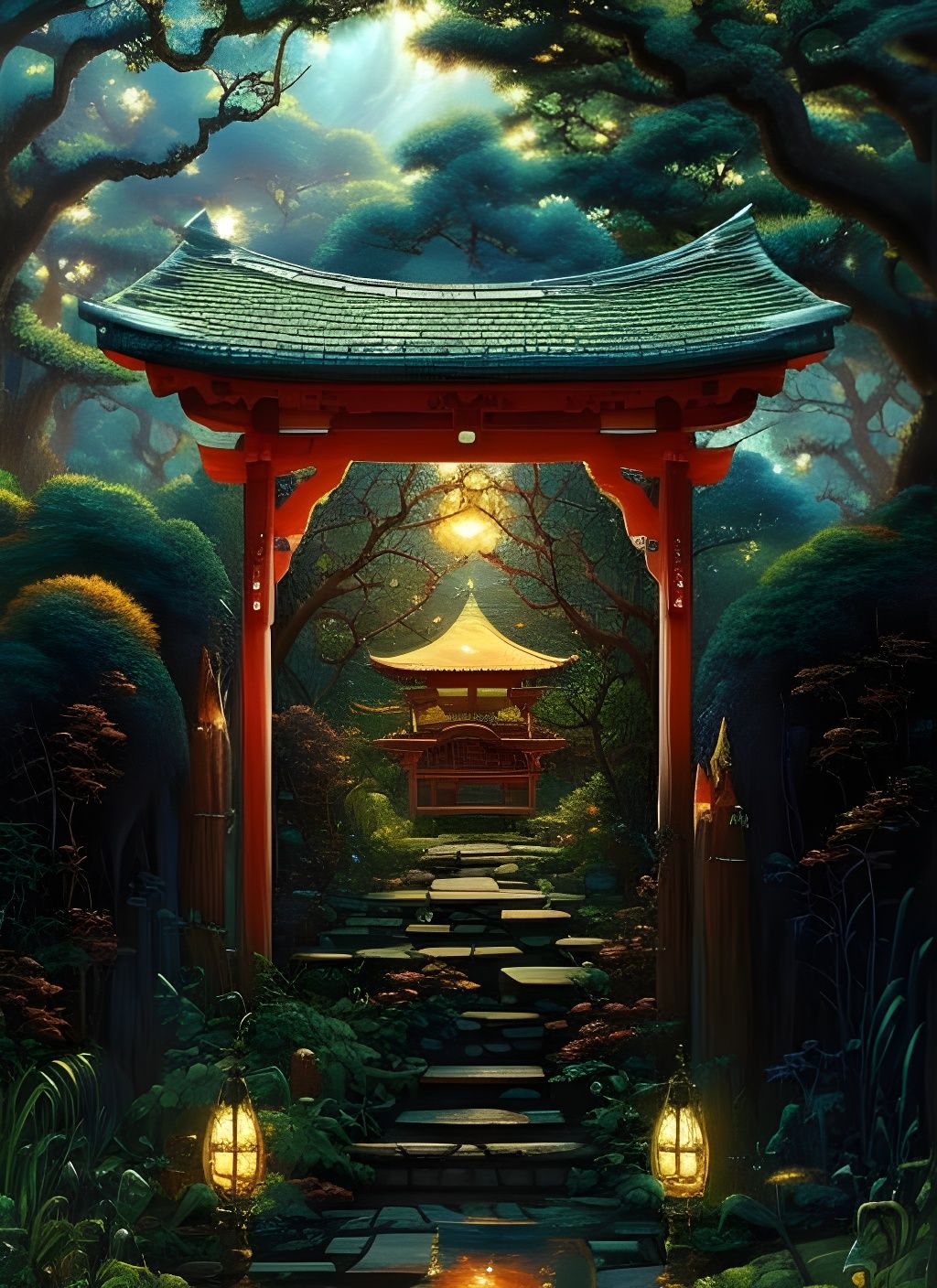"Beautiful Japanese TORII ((shrine gate)) in the woods "