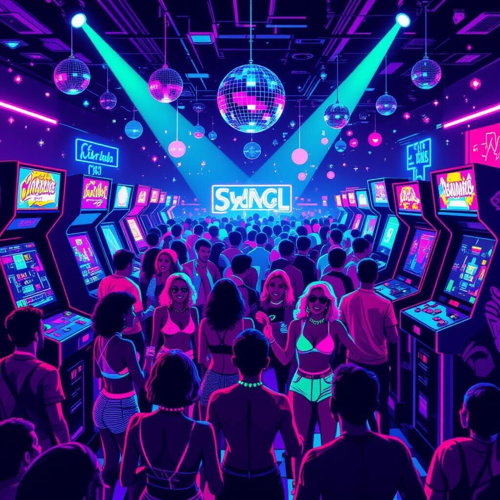 Neon Arcade Dance Floor in Retro Pop Art Style