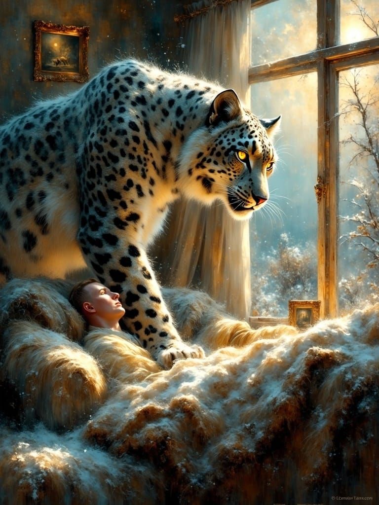 Snow Leopard Surveys Cozy Suburban Home Through Skylight Win...