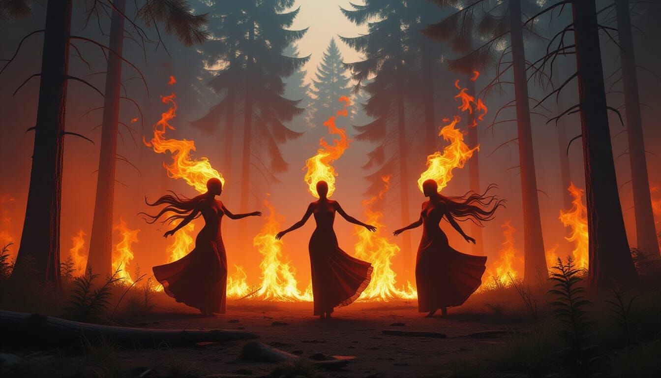 Inferno Dance: Fire Spirits in a Blazing Forest
