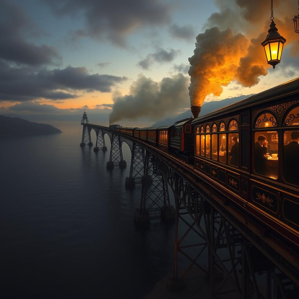 Steampunk Train on Trestle Bridge at Sunset