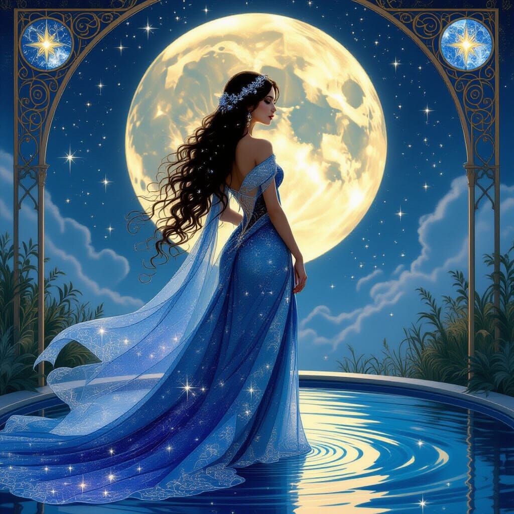 Celestial Enchantress in Moonlit Grotto, Pre-Raphaelite Styl...