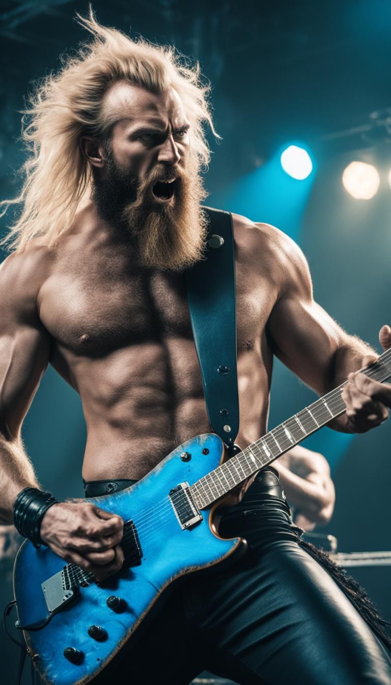 Shirtless Slavic Rocker Destroys Guitar: Cinematic Still