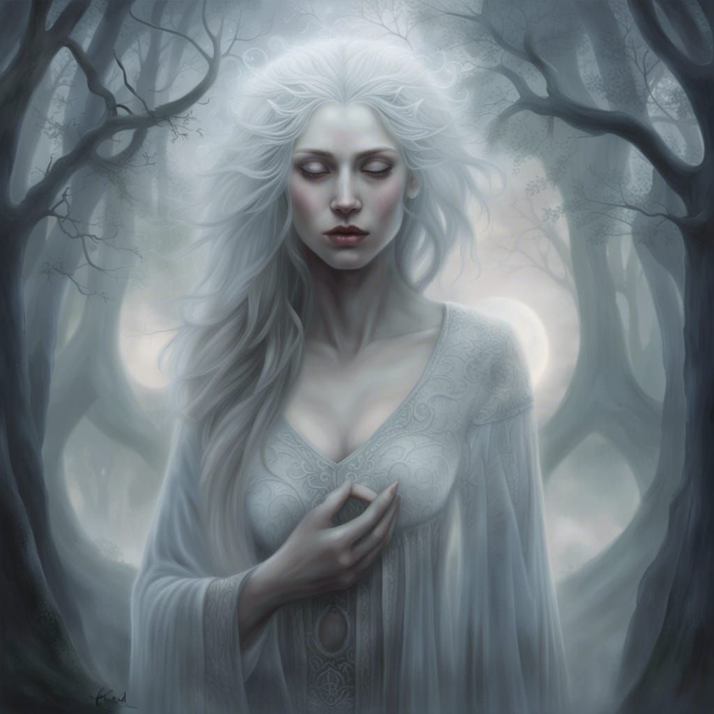 Ethereal Moon Priestess in Misty Forest