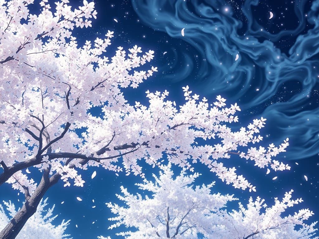 Ethereal Sakura Trees Under Starry Sky in 3D Anime Art