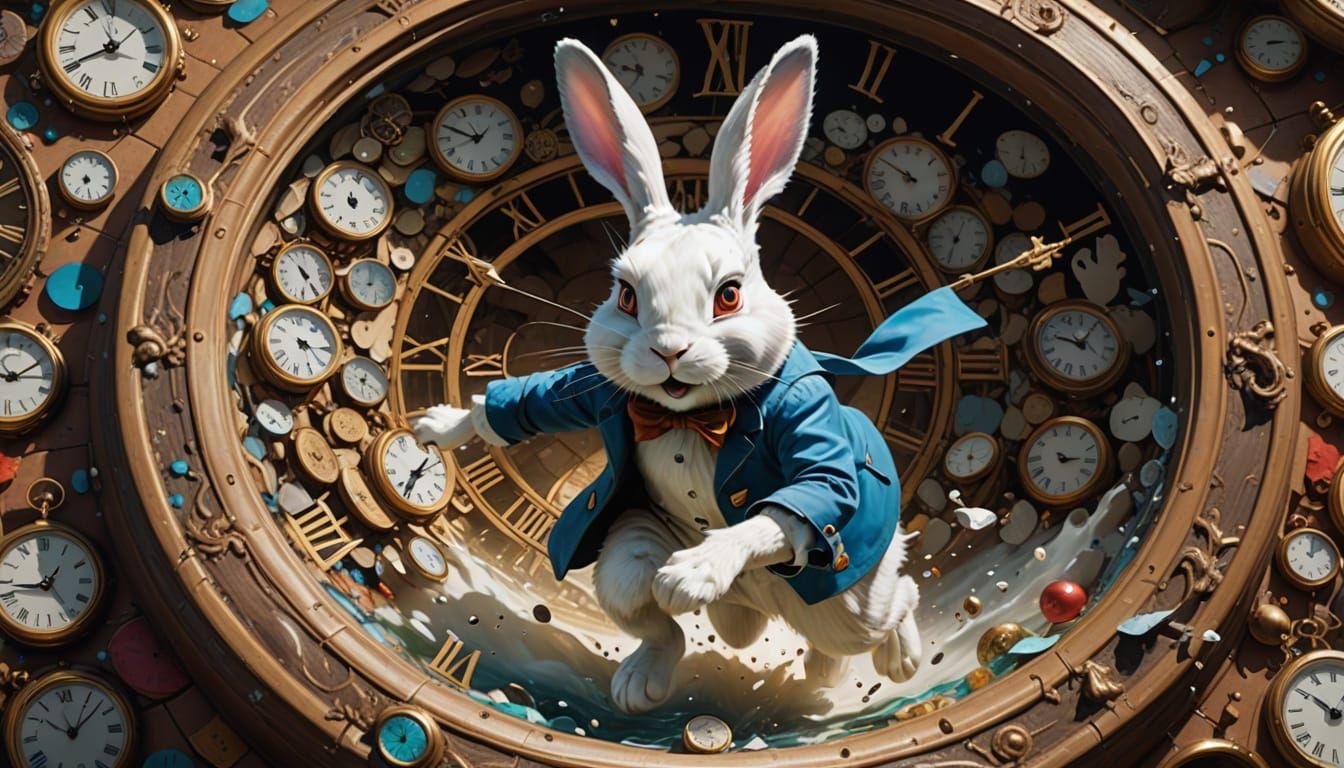White Rabbit Falling Through Time: Hyperrealistic Art