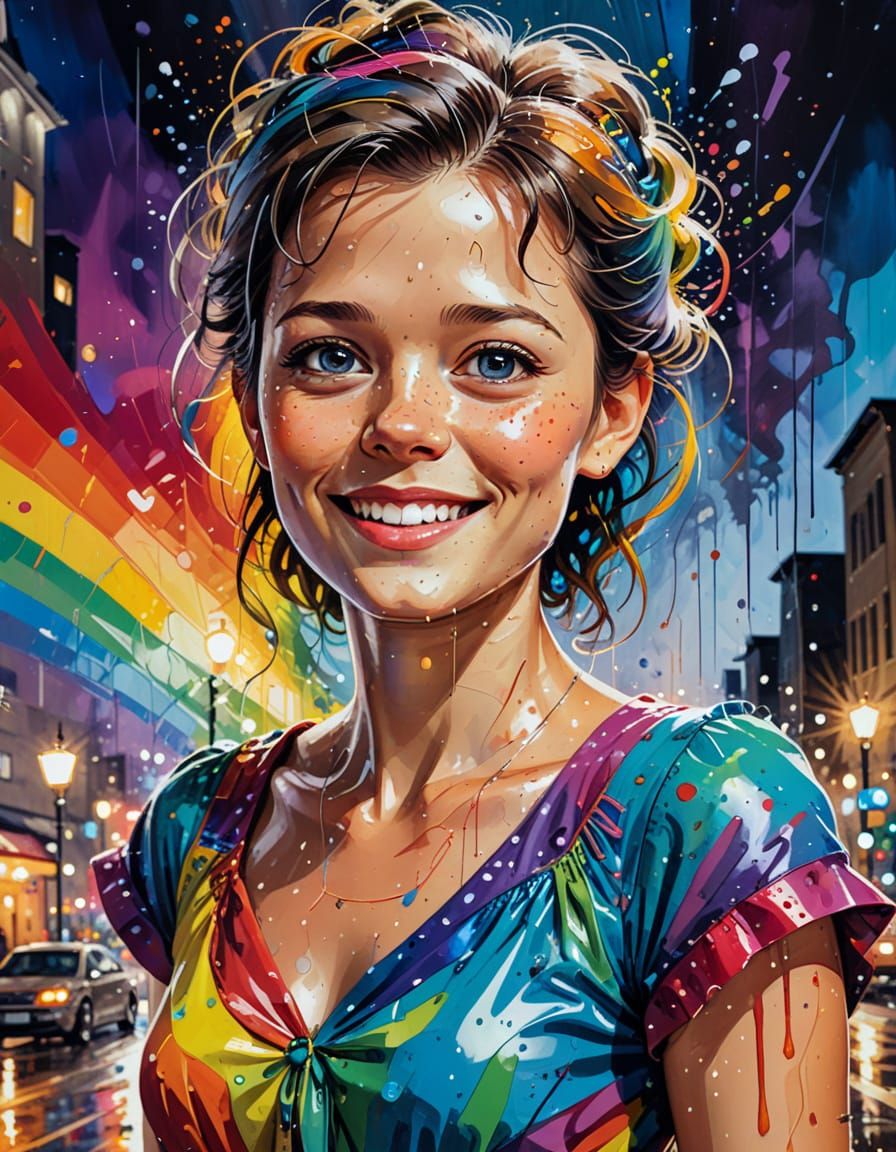 Happy Cartoon Castiel in Rainbow Dress in Vivid Night City