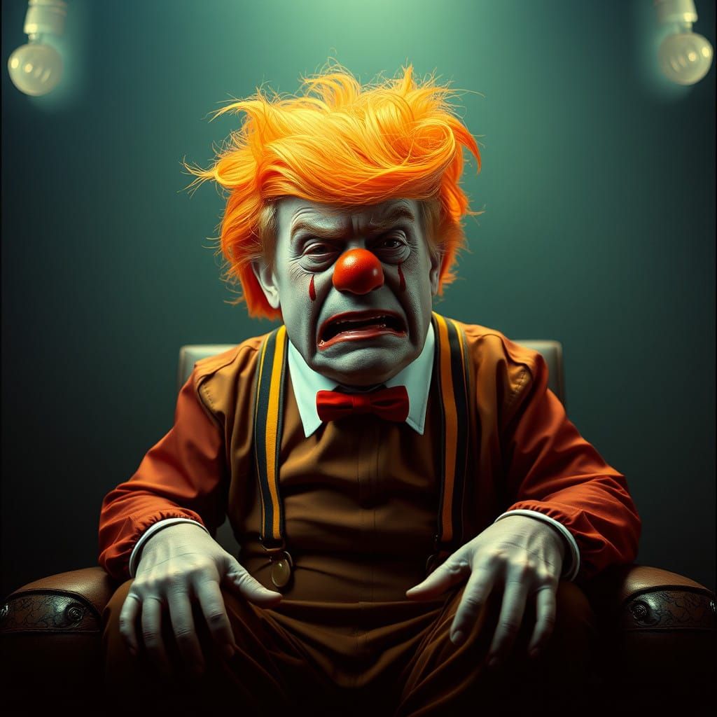 Grotesque Homunculus in Clown Suit, Bowed by Ominous Atmosph...