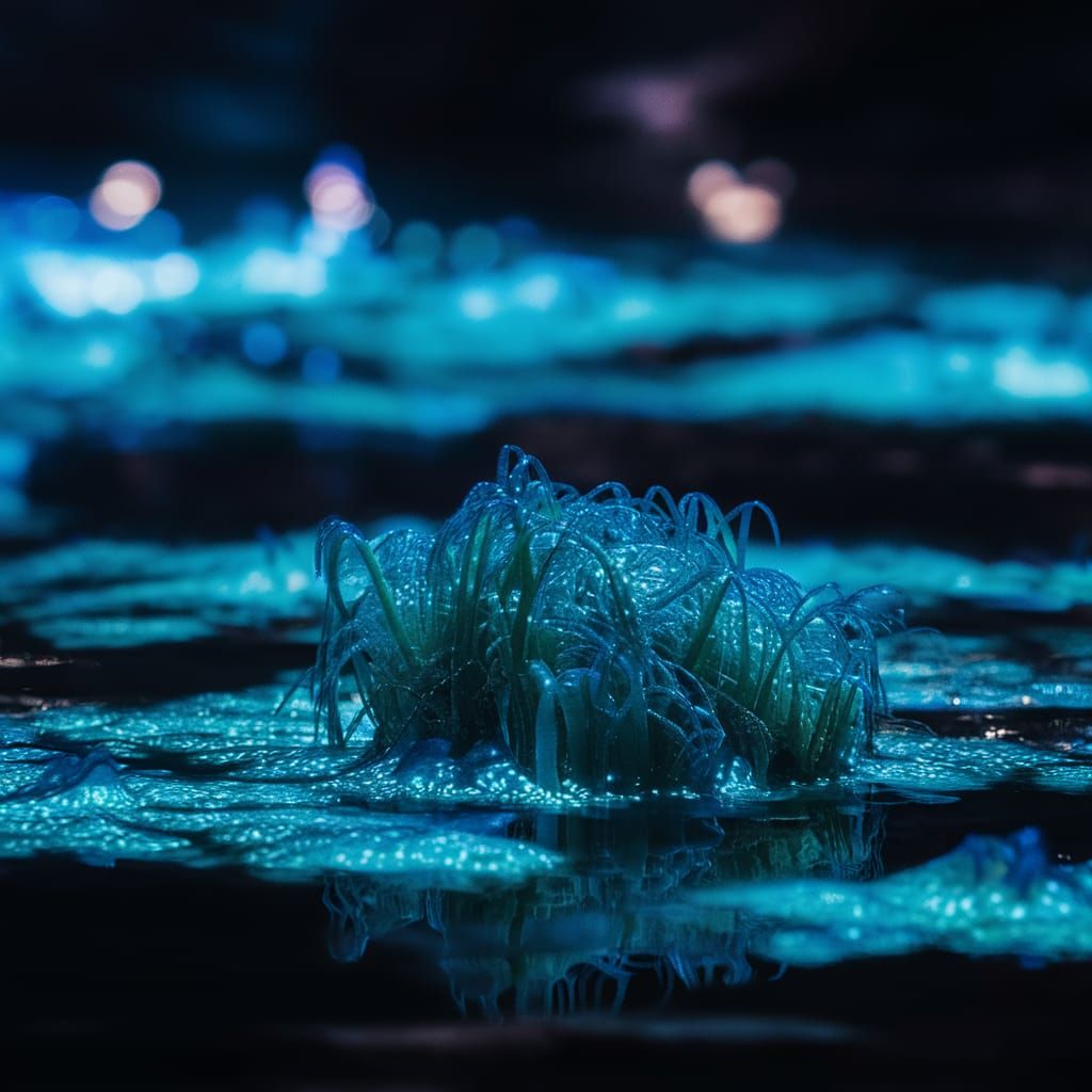 Bioluminescent Algae Illuminates Dark Water with Blue Glow