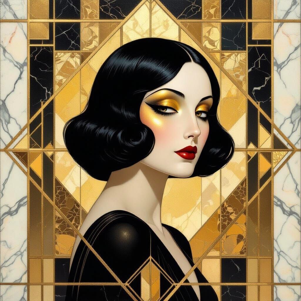 Art Deco Woman in Golden Geometric Reflections