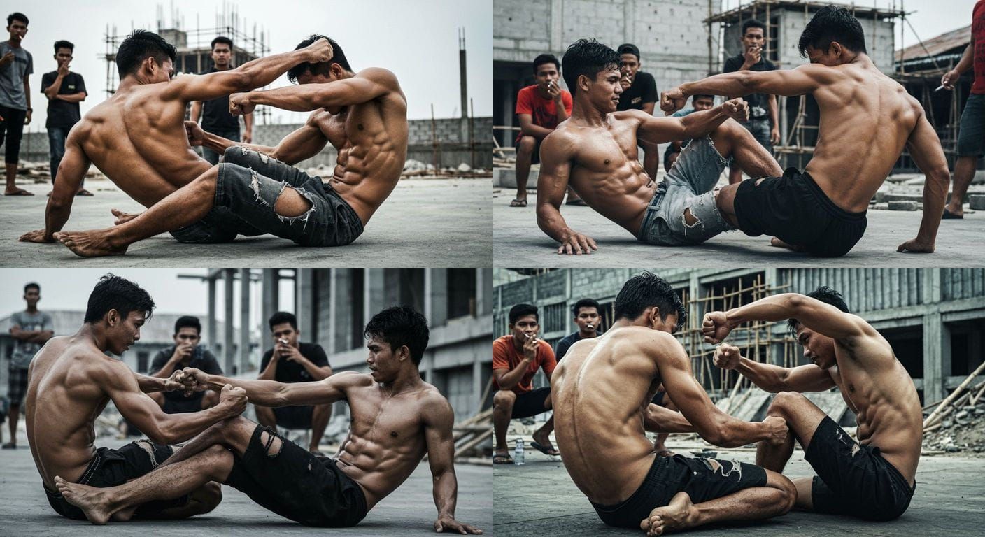 Muscular Men Fistfighting at Construction Site