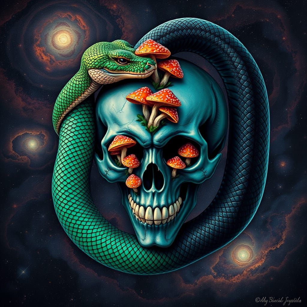 Intertwined Snakes with Skull in Biomechanical Style