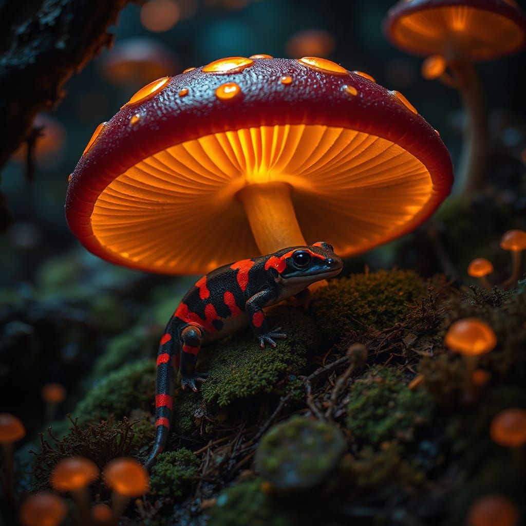 Fire Salamander in Bioluminescent Mushroom Grotto