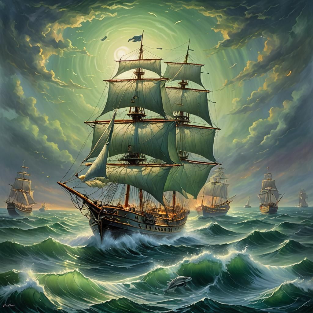 Surreal Eye Ocean Art with Ghostly Ships