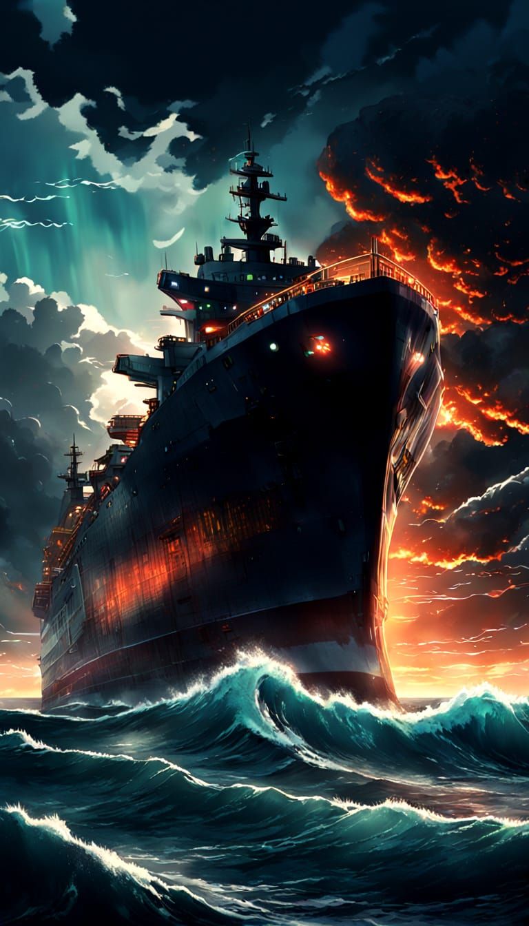 Colossal Launch Ship Floating on Stormy Ocean