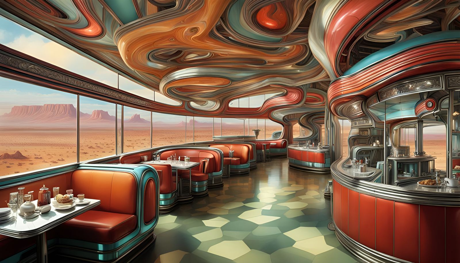 Futuristic Art Deco Diner on Desert Highway