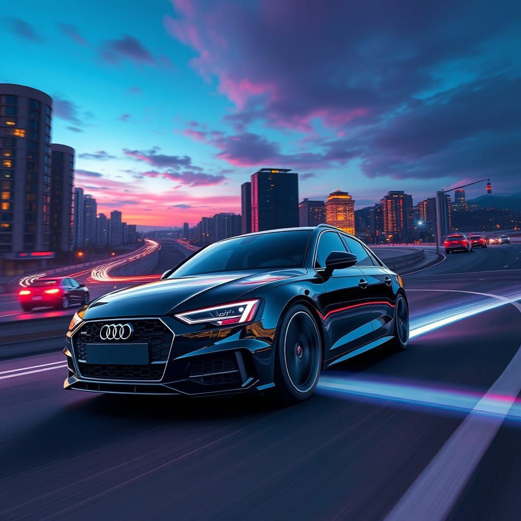 Audi Sportwagen Speeding through Vibrant Cityscape at Dusk