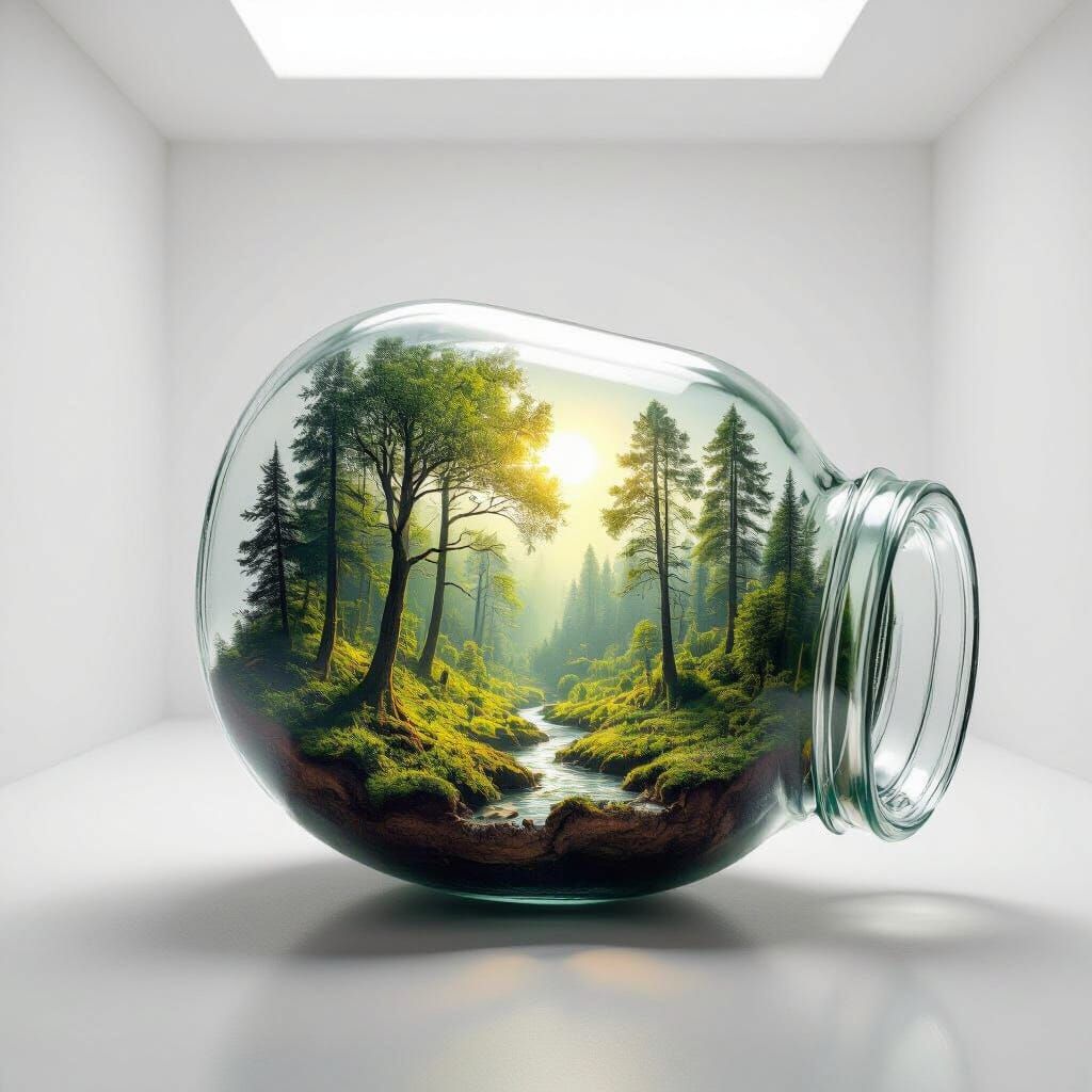 Ancient Forest Jar in Minimalist Room, Hyperrealistic Photo