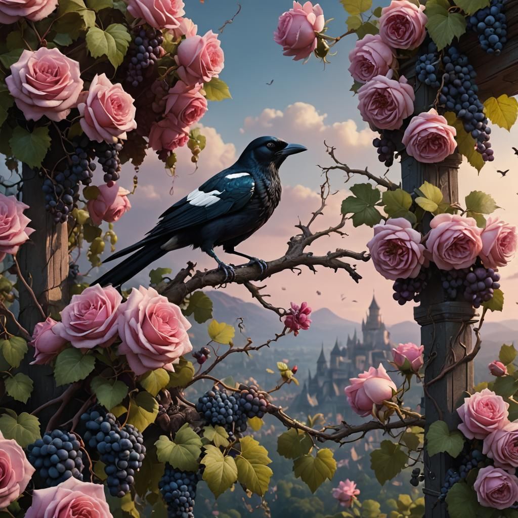 Magpie with Grapes and Rose, Detailed Matte Painting