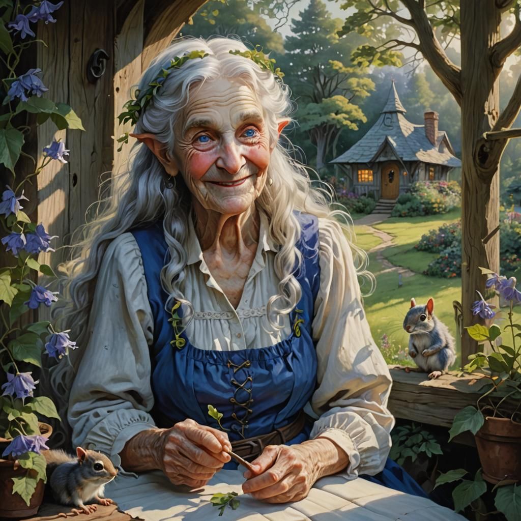 Elderly Elf Artist Feeding Squirrel in Misty Forest