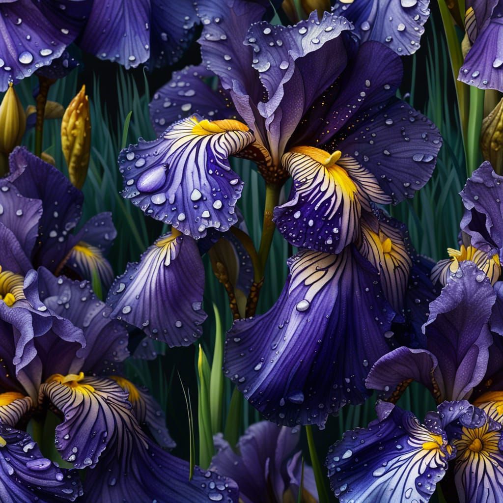 Hyperrealistic Purple-Blue Irises in a Dew-Kissed Garden