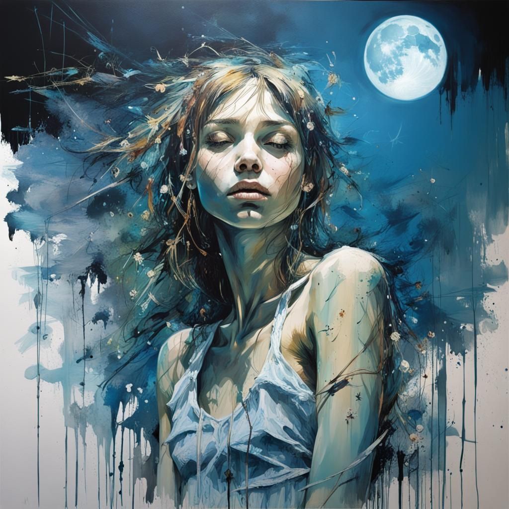 Girl in Moonlight: Surreal Mixed Media Art