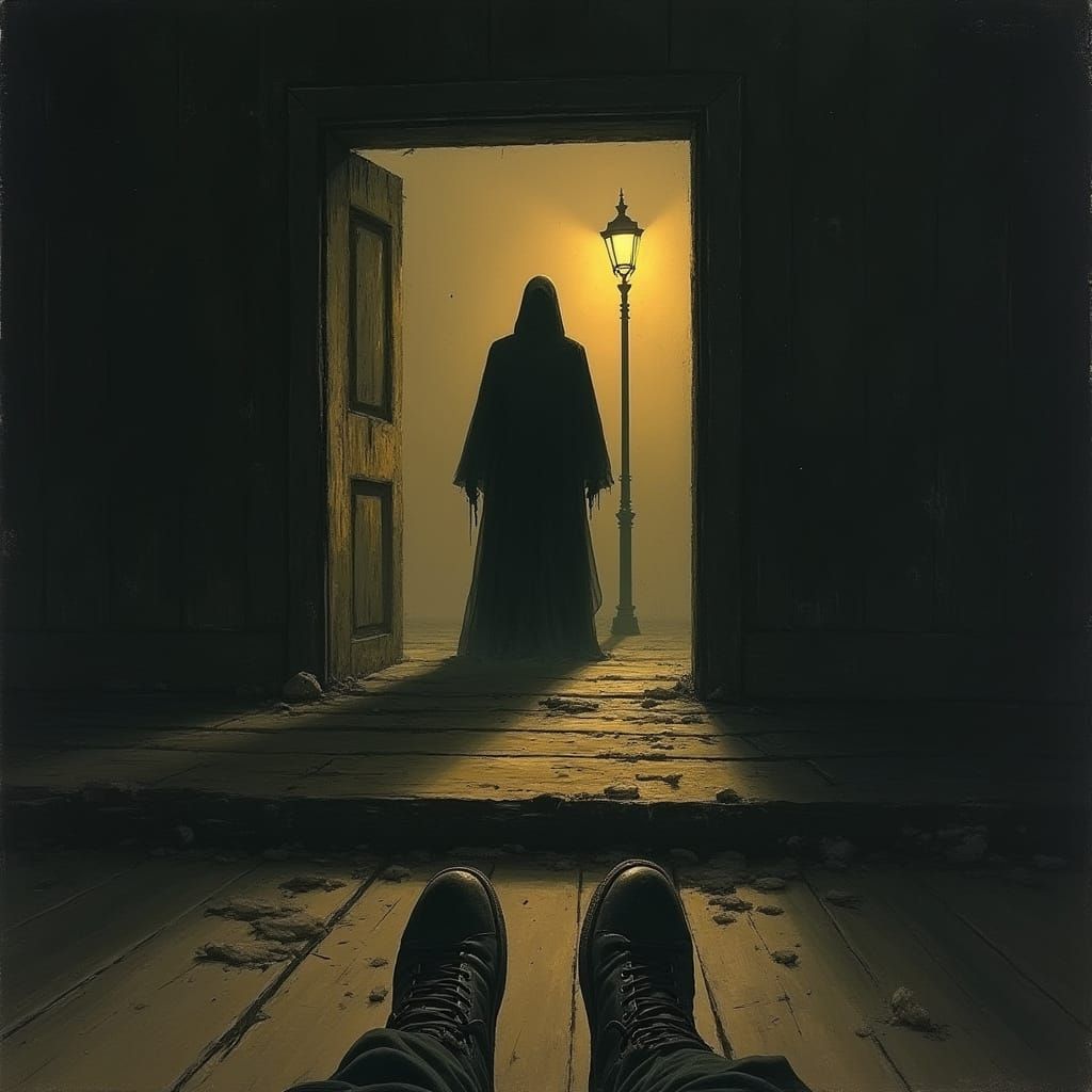 Eerie Dark Figure Looms at the End of a Weathered Beam