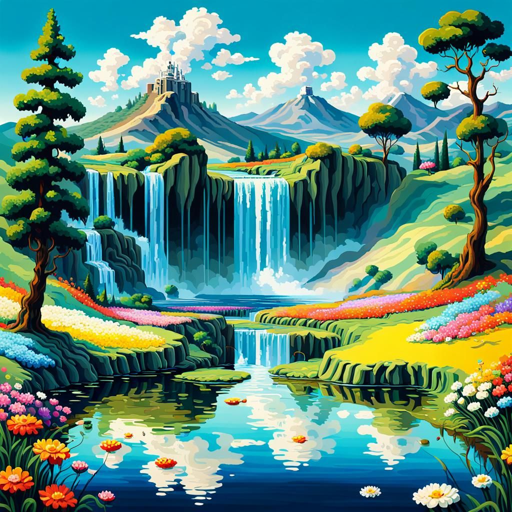 An  pixelated landscape depicting a serene meadow with rolli...