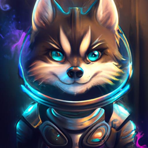 Cyberpunk Husky in Space: Digital Illustration