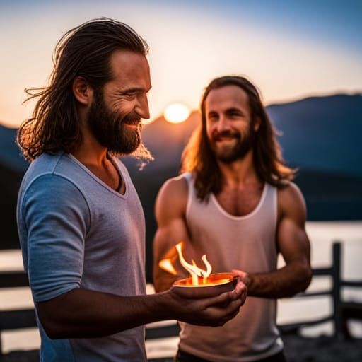 Two Smiling Men Holding Hands by Campfire Portrait