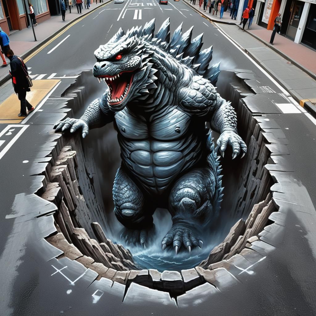 Hyperrealistic 3D Chalk Art: Godzilla's Street Escape