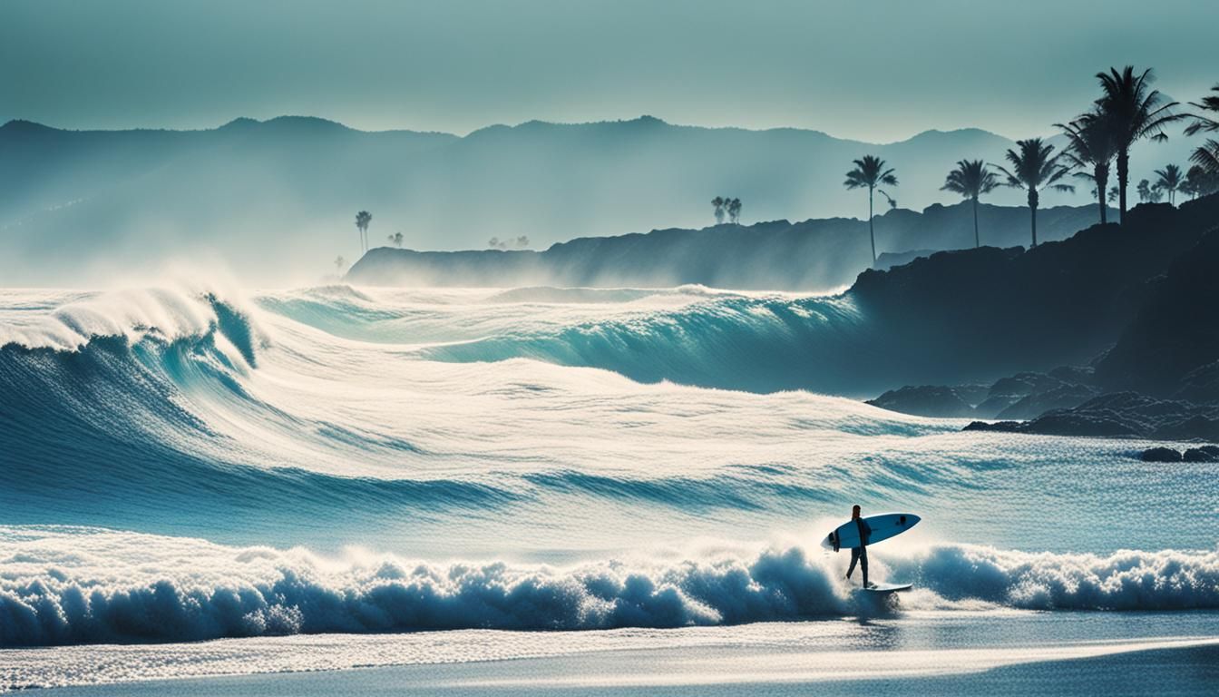 Sunny White Sand Beach with Surfer on Wave