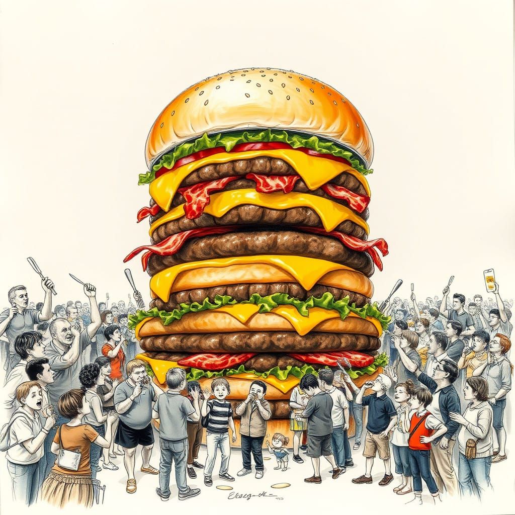 Colossal Cheeseburger Masterpiece in Hyper-Detailed Charcoal