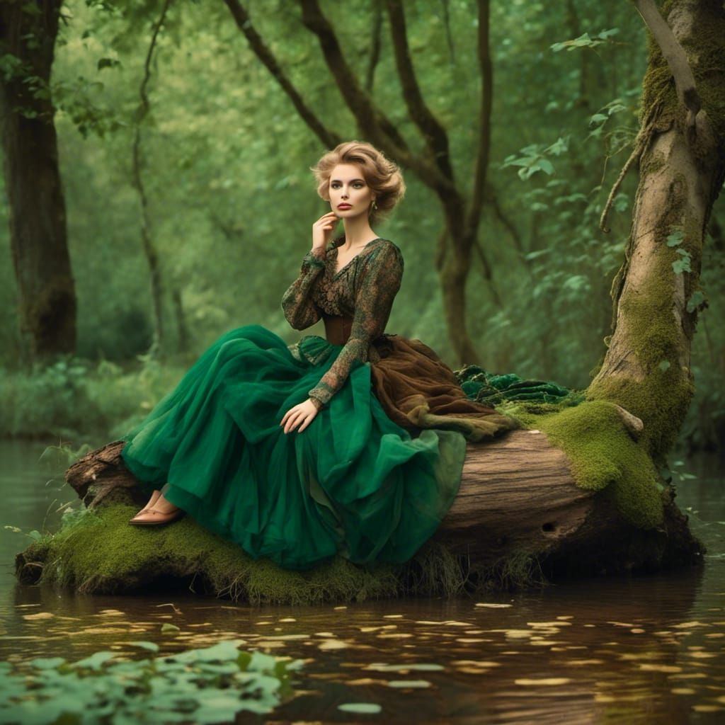 Woman on Riverbank in Forest