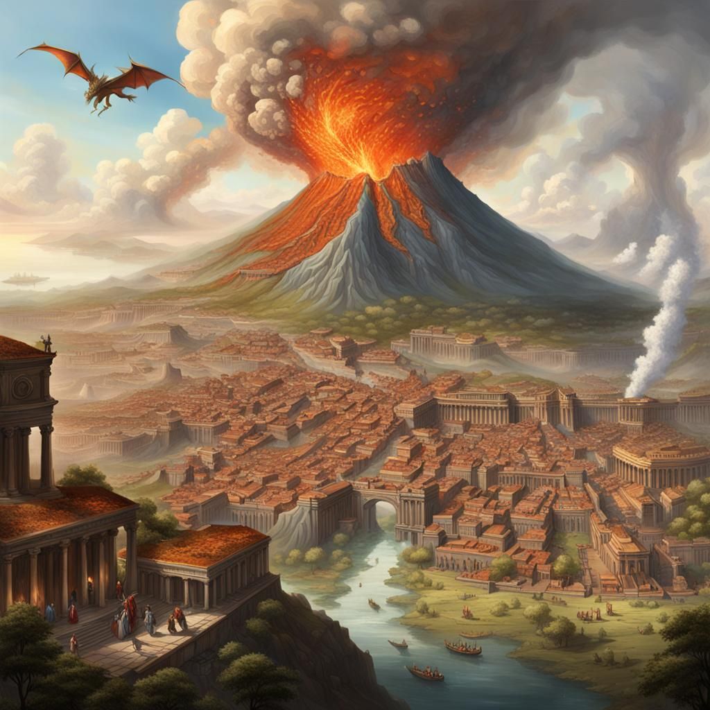 Volcanic Landscape with Dragon and Roman Town
