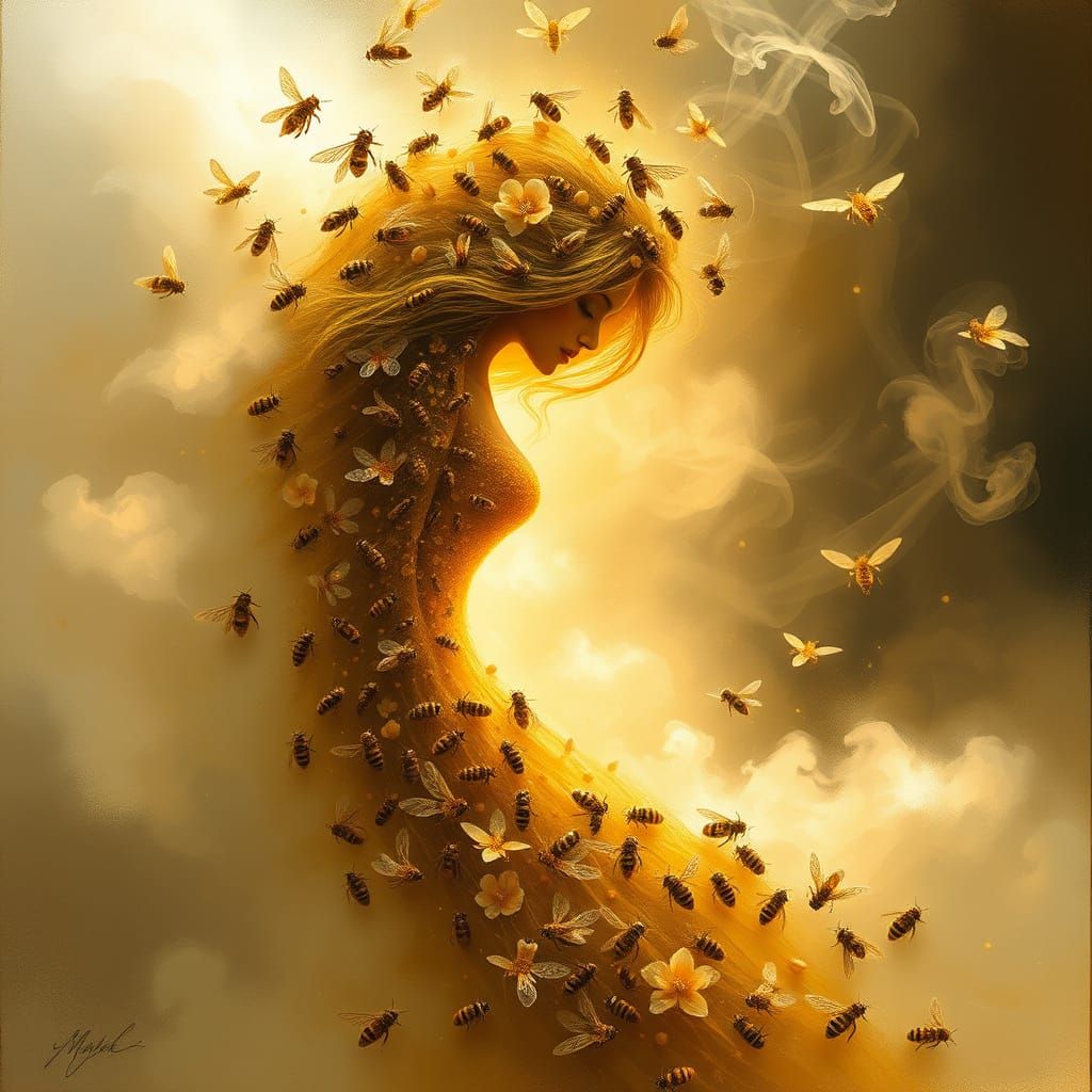 Enchanted Lady Emerge from Clouds with Whimsical Bees