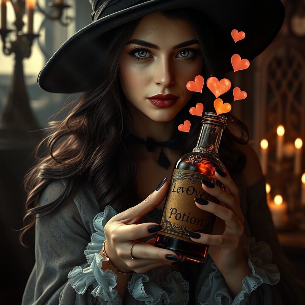 Beautiful Witch Sorceress Holding Love Potion in Gothic Sett...