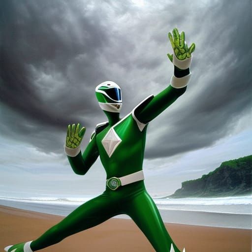 Green Power Ranger Raining on Beach: Hyperrealistic Oil Pain...